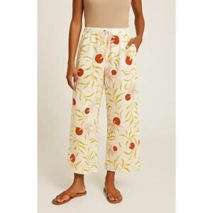 CALYPSO St. Barth Linen Wide Leg Floral Print Pants White‎ Womens Size Small